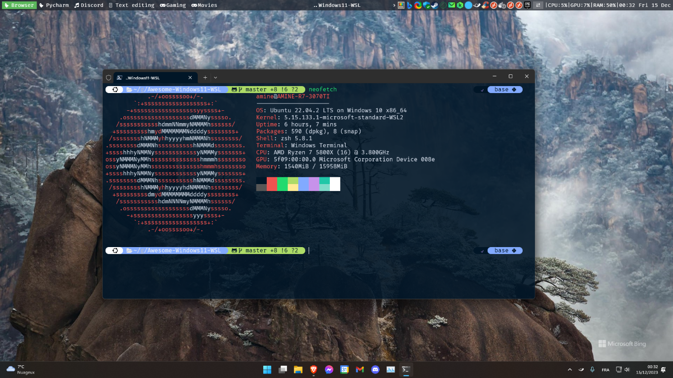 Windows WSL Terminal with taskbar